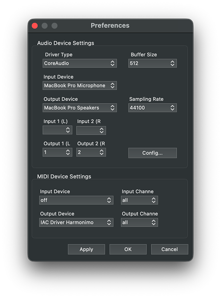Harmonimo MIDI output settings