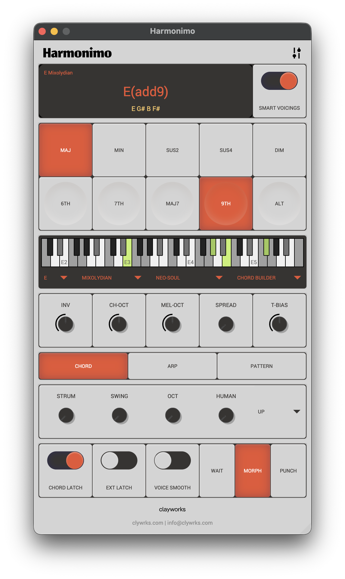 Harmonimo chord generator interface with chord and melody controls